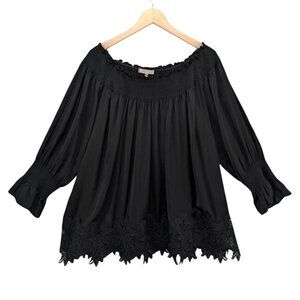 Eri Ali Vettora Off The Shoulder Blouse Womens Black Smocked Crochet Hem Size S